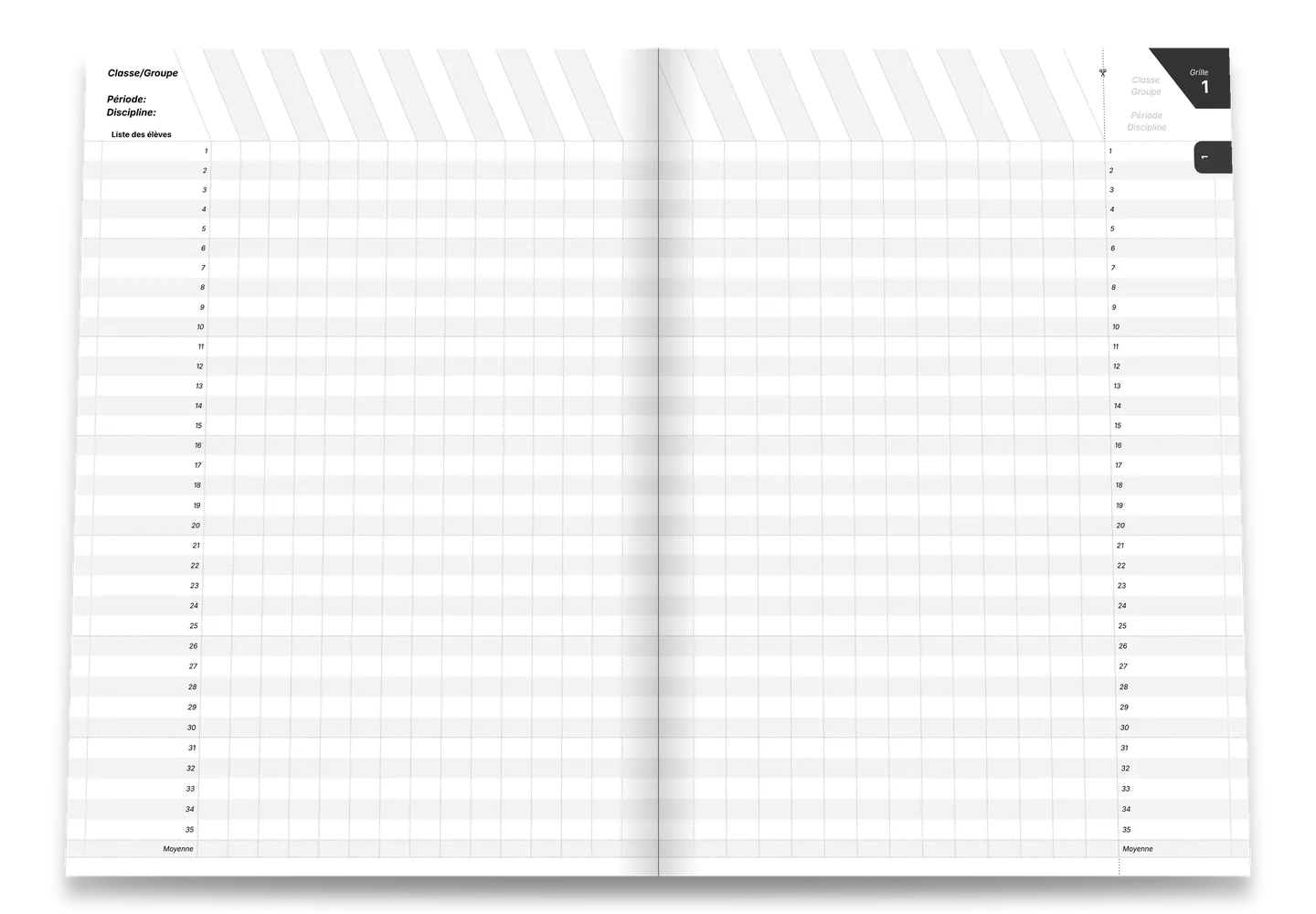 Double page de suivi de classe : liste d'élèves, notes et observations